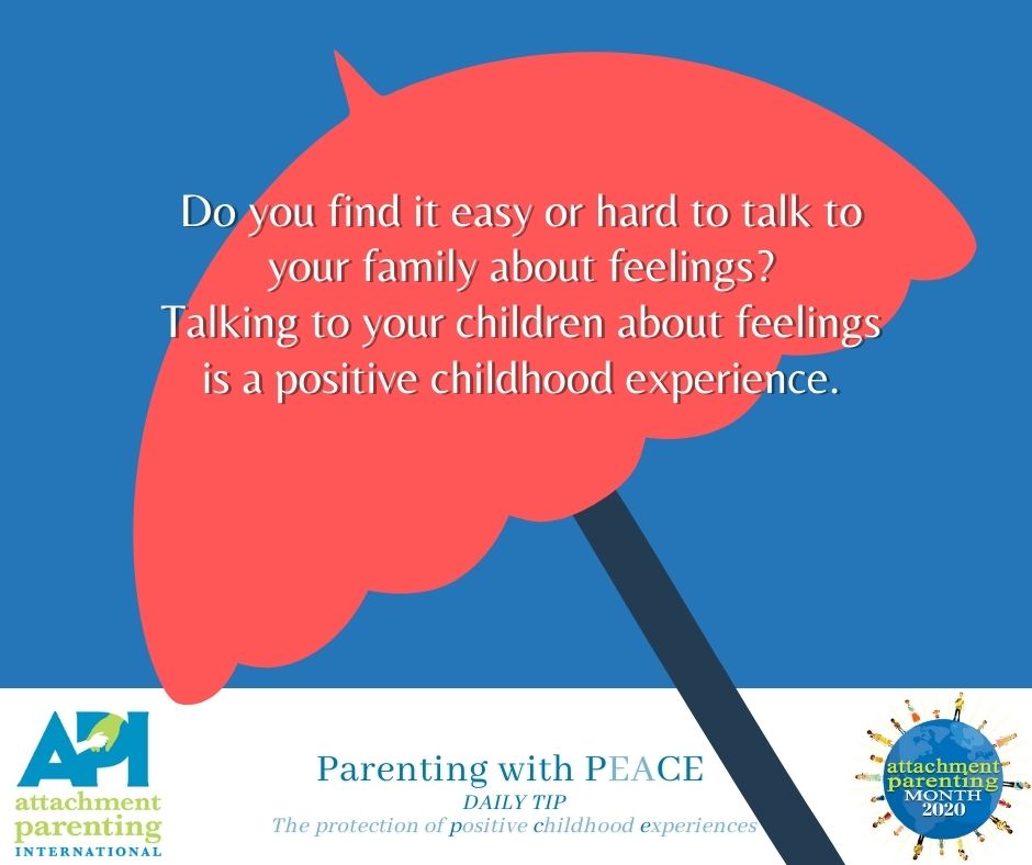 Red umbrella graphic with text: Parenting with peace daily tip - Do you find it easy or hard to talk to your family about feelings? Talking to your children about feelings is a positive childhood experience.