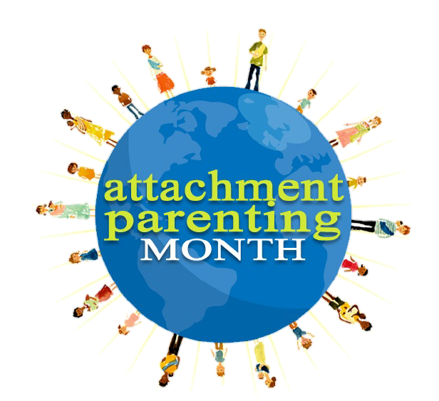 Blue earth with parents and children of different backgrounds standing all around edge and words attachment parenting month in the center